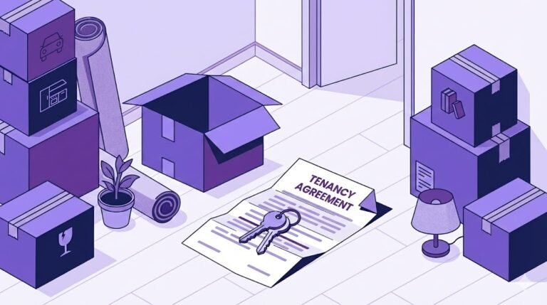 Illustration of packed moving boxes surrounding a "TENANCY AGREEMENT" document and house keys, symbolizing the process of ending a tenancy early.