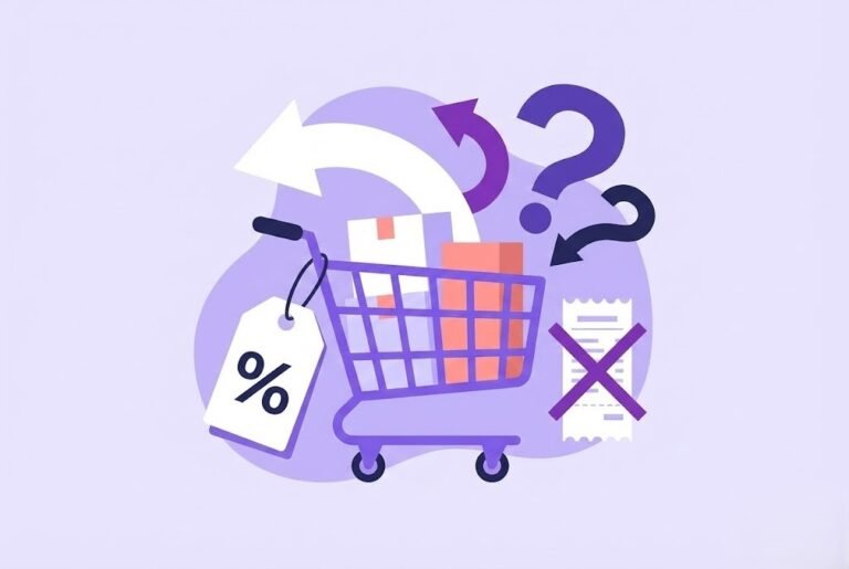 Flat vector illustration featuring a purple shopping cart with a discount percentage tag, return arrows, and a receipt, visually representing consumer rights regarding returning sale items and debunking the no refunds myth.