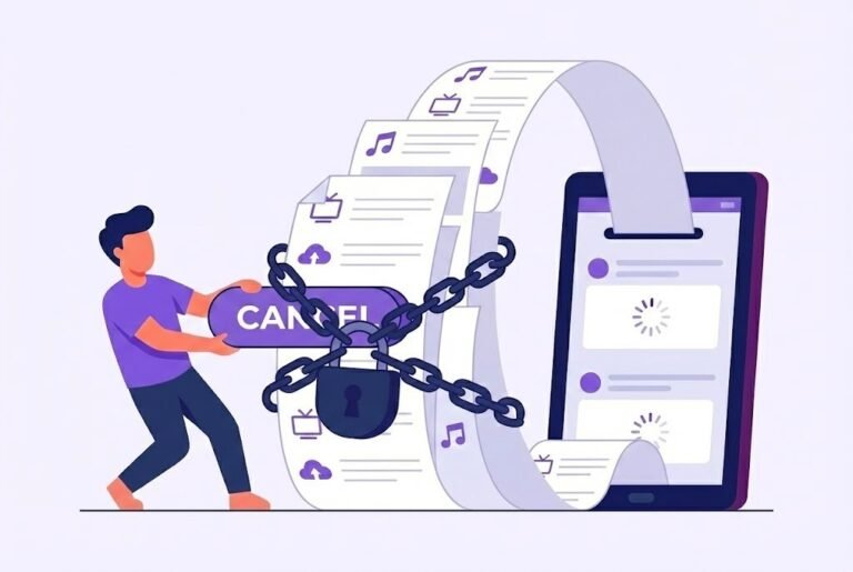 Flat vector illustration in purple brand colors depicting the difficulty of canceling a subscription. A character struggles to press a 'Cancel' button locked with chains and a padlock, emerging from a long digital receipt scroll on a tablet.