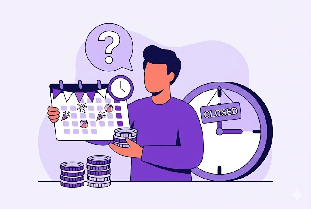 Flat vector illustration of a faceless employee analyzing UK bank holiday work rules. The scene features a calendar with a shield, a large clock, and stacked coins with a crossed-out multiplier, visualizing the double pay myth and employment rights queries in a corporate purple style.