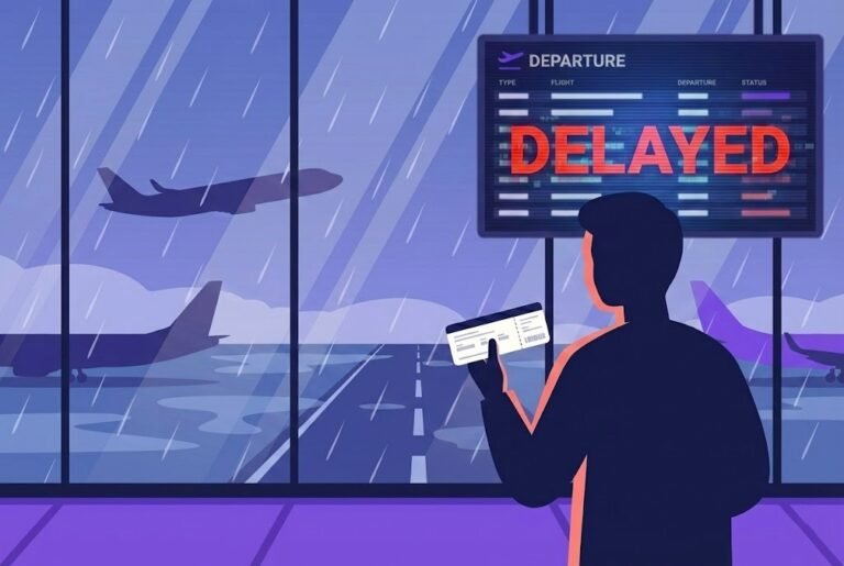 Flat vector illustration of a passenger holding a boarding pass in a rainy airport terminal, looking at a departure board showing a flight delayed status; visual concept for claiming flight delay compensation under UK rules.