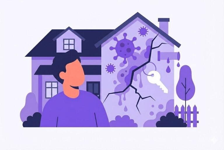 Flat vector illustration in purple tones depicting a tenant observing a house affected by visible mould spores and wall cracks, representing rental property damp issues and landlord responsibility.