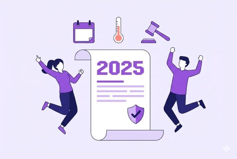 Flat vector illustration depicting New Employment Laws 2025. Two abstract corporate characters review a document featuring a protection shield, symbolizing the Employment Rights Bill. Floating icons include a 2025 calendar, a thermometer representing sick pay reforms, and a gavel representing unfair dismissal and legal rights.
