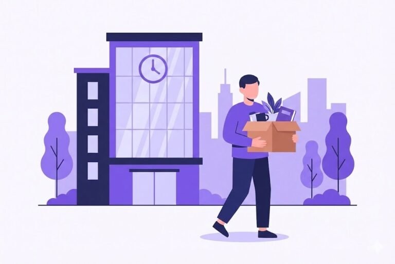 Flat vector illustration of an employee resigning from a job, holding a cardboard box of office supplies at a desk, representing employee offboarding, quitting, and career transition in a purple corporate style.