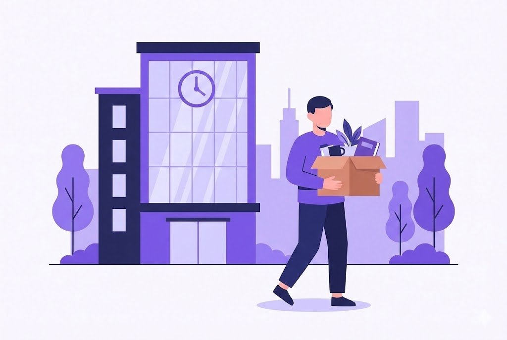 Flat vector illustration of an employee resigning from a job, holding a cardboard box of office supplies at a desk, representing employee offboarding, quitting, and career transition in a purple corporate style.