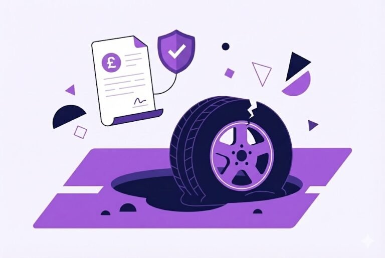 Flat vector illustration showing a burst tyre caused by pothole damage, alongside a compensation claim document with a pound sign.