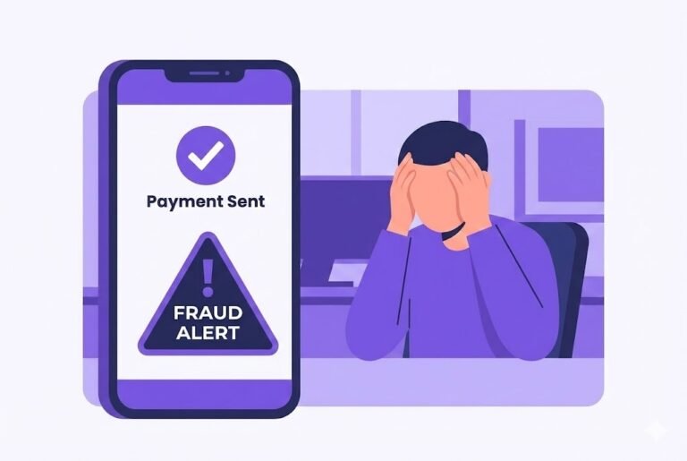 Flat vector illustration in purple tones depicting a mobile payment fraud alert on a smartphone screen, with a distressed user holding their head in the background representing a financial scam victim.