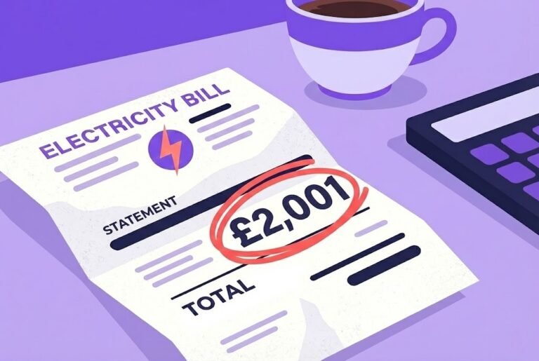 A purple vector illustration of a crumpled electricity bill with a large red circle around the high amount of £2,001, next to a calculator and a cup of tea, illustrating a shock energy bill and the context for the Back Billing Rule in the UK.