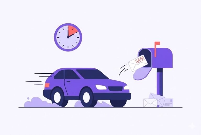 Flat vector illustration of a speeding car passing a mailbox with a clock in the background, symbolizing a speeding ticket or Notice of Intended Prosecution (NIP) arriving late past the 14-day limit.