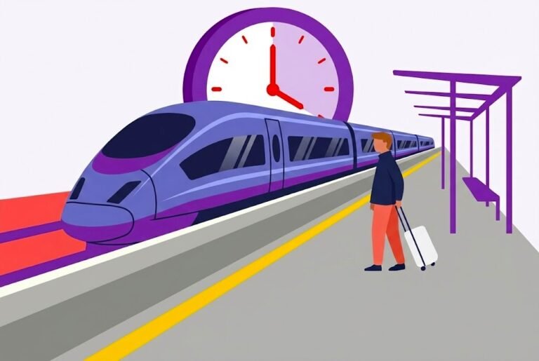 Flat vector illustration of a male commuter waiting on a platform for a late train, featuring a clock with red accents to symbolize delay. Concept for Delay Repay guide and claiming a 100% train refund.