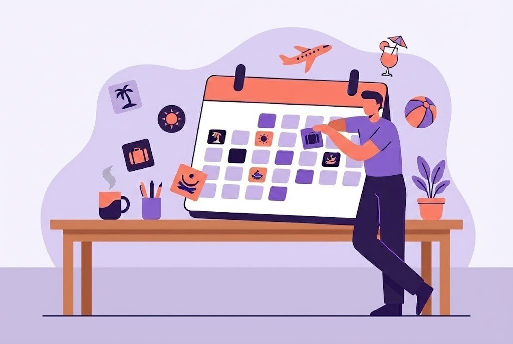 Flat vector illustration representing unused holidays and annual leave management. The image features a calendar marked with vacation icons like palm trees and luggage, displayed next to a large clock and a stack of administrative documents, symbolizing time off policies and HR compliance in a corporate purple and salmon color scheme.