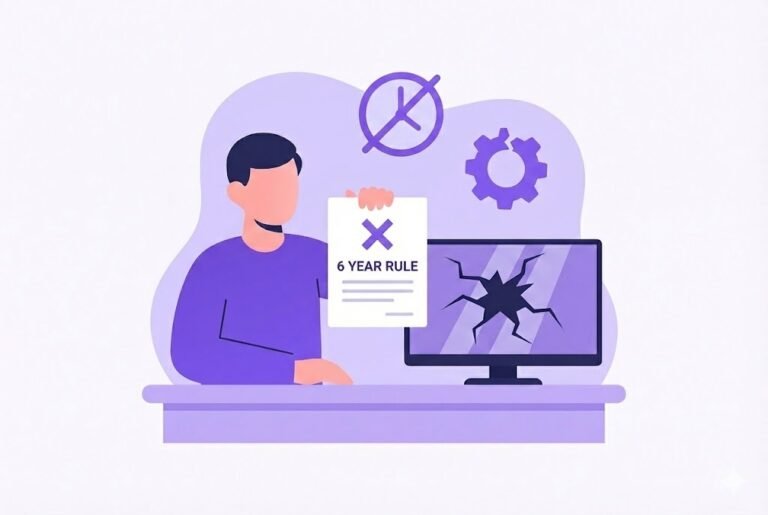 Flat vector illustration of a consumer holding a warranty document next to a broken TV screen, representing UK consumer rights and the 6-Year Rule for faulty electronics claims.