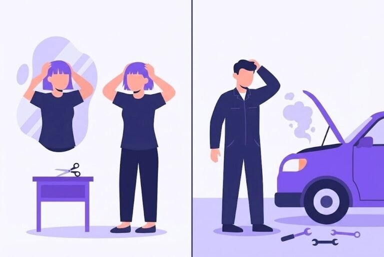 Split-screen flat vector illustration in purple tones depicting service failures. Left: A customer looking in a mirror distressed by a bad haircut. Right: A mechanic scratching his head next to a smoking car engine, representing bodged repairs and consumer rights disputes.