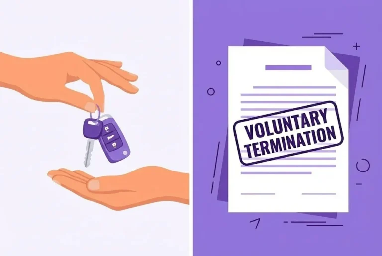 Illustration showing a car owner handing keys to a dealer next to a contract stamped 'Voluntary Termination,' representing the process of ending a car finance agreement early.