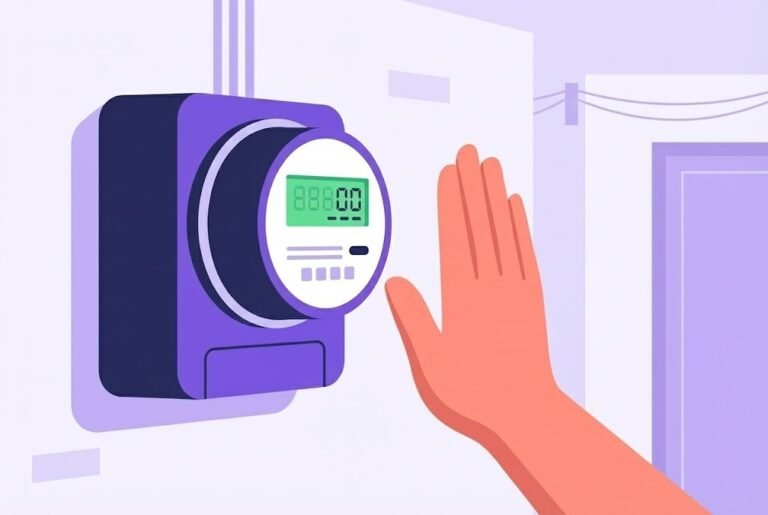 Vector illustration of a hand making a stop gesture towards a wall-mounted smart meter, symbolizing the consumer right to refuse installation.