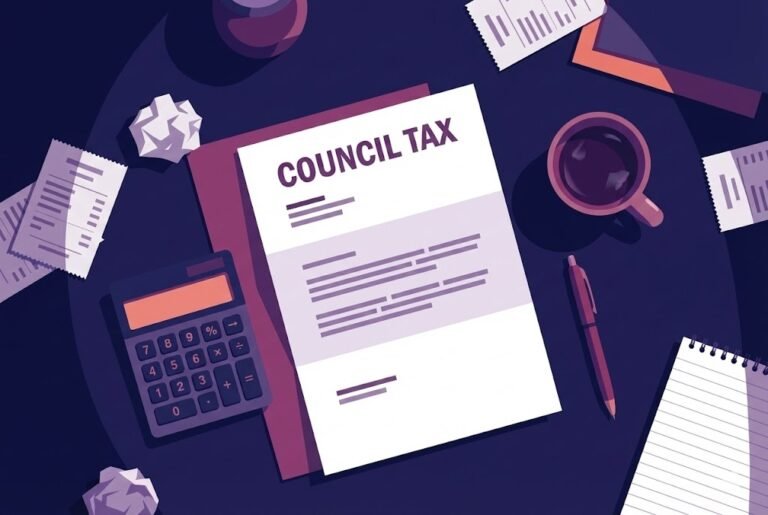 Overhead flat vector illustration of a cluttered kitchen table featuring an open Council Tax letter, a calculator, a red pen, and a cup of tea, symbolizing financial worry, household budgeting, and the cost of living crisis.