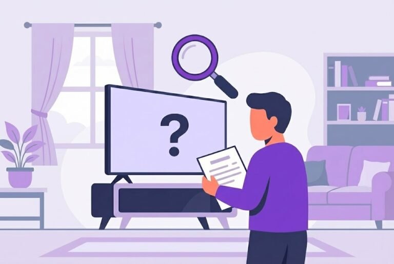 Flat vector illustration featuring a person holding a document standing next to a modern purple television with a question mark on the screen and a magnifying glass overhead, representing a TV licence compliance check and legal inquiry.