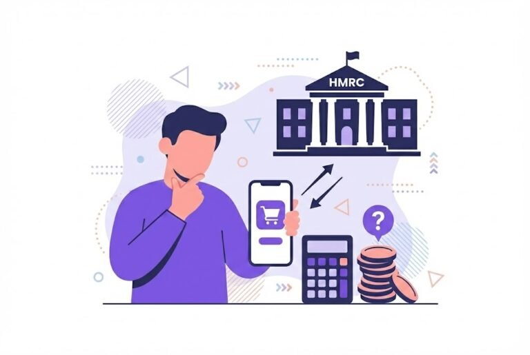Flat vector illustration representing Vinted tax rules and HMRC reporting. A faceless user holds a smartphone with a shopping app, visually connected to an HMRC building, a calculator, and stacked coins, symbolizing the confusion around online selling taxes, side hustle income, and digital platform reporting in the UK.