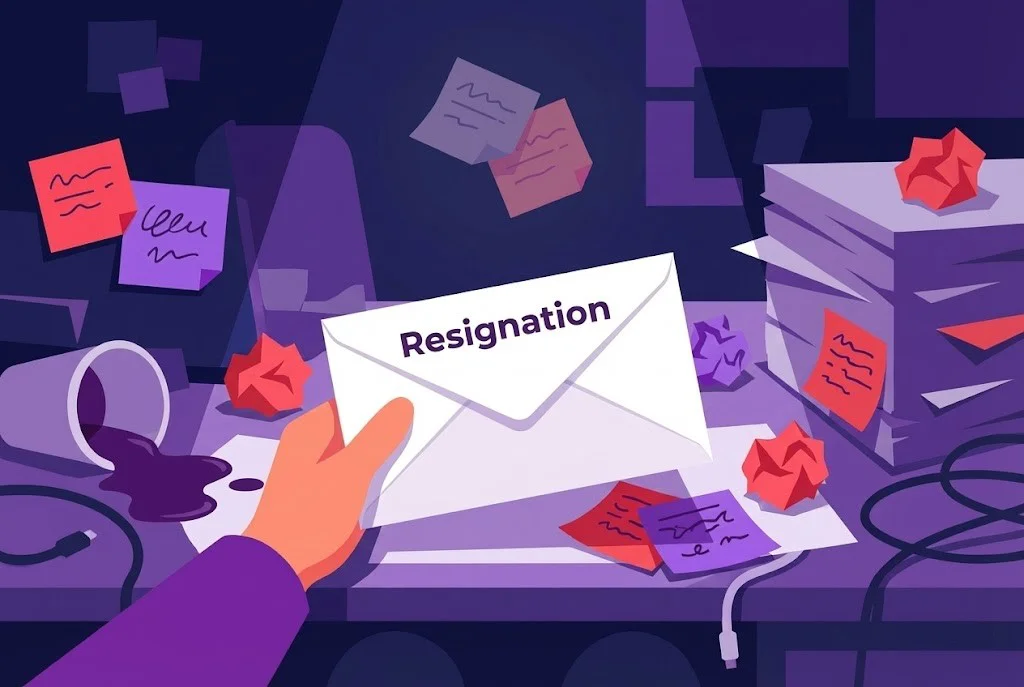 Flat vector illustration of a hand holding a white envelope labeled 'Resignation' on a chaotic, cluttered office desk with spilled coffee and crumpled papers, symbolizing an employee forced to quit due to a toxic work environment and constructive dismissal.