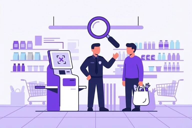 Vector illustration of a security guard stopping a customer at a self-checkout kiosk, depicting the scenario of forgetting to scan an item and understanding consumer rights.