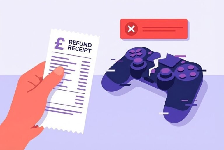 Broken controller and UK refund receipt representing a denied Steam or PS5 refund under the 2-hour rule.