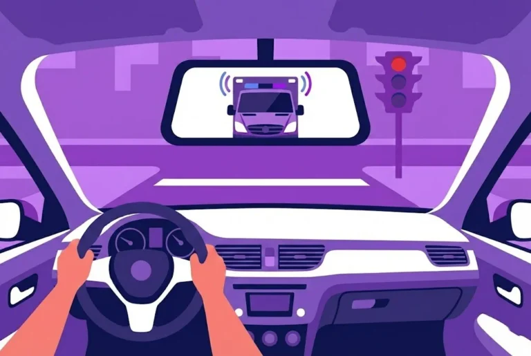 First-person vector illustration from inside a car showing a driver stopped at a red traffic light, with an ambulance clearly visible in the rearview mirror. The image visualises the conflict between traffic laws and emergency vehicles, relevant to the "Ambulance Myth" and Red Light Camera rules.