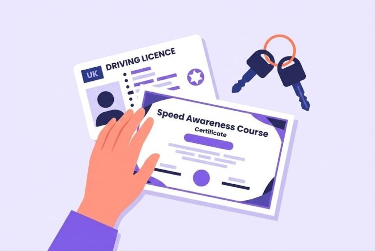 Flat vector illustration of a hand placing a Speed Awareness Course certificate over a UK driving licence next to car keys, representing the process of avoiding penalty points to maintain a clean licence.