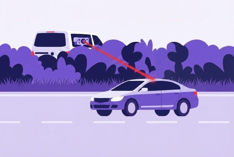 A cartoon illustration showing a white speed camera van hidden within purple bushes by a roadside, with a red laser beam emanating from its camera towards a purple car. The image visually represents questions around speed camera van loopholes, whether they can hide, and if warning signs are needed.