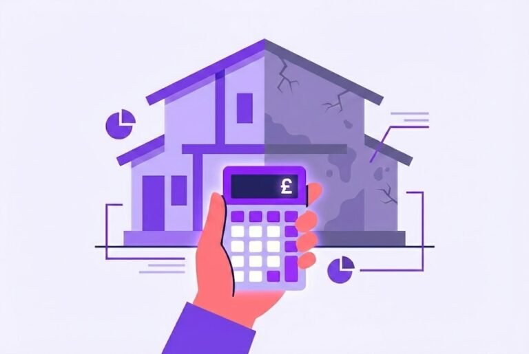 Housing disrepair compensation calculator showing a £ sign and a damaged property.