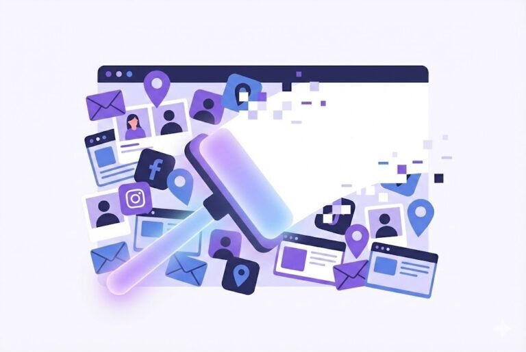 Vector illustration of a digital eraser wiping away personal data, social media icons, and location pins, representing how to delete yourself from the internet and the right to erasure.