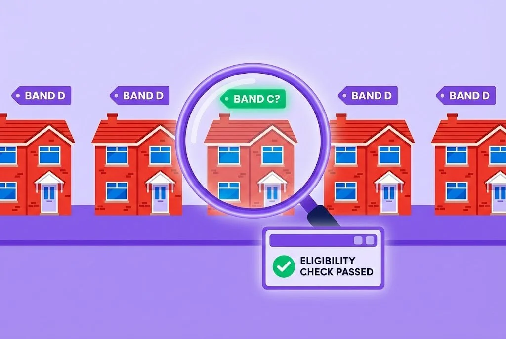 Illustration of a Council Tax band check showing a magnifying glass identifying a lower band on a row of houses for the free eligibility calculator.
