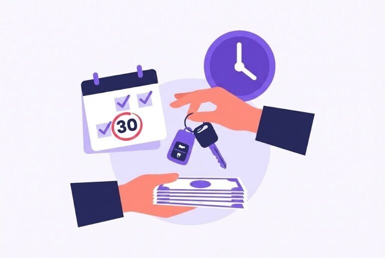 Illustration of a used car refund key exchange next to a 30-day calendar.