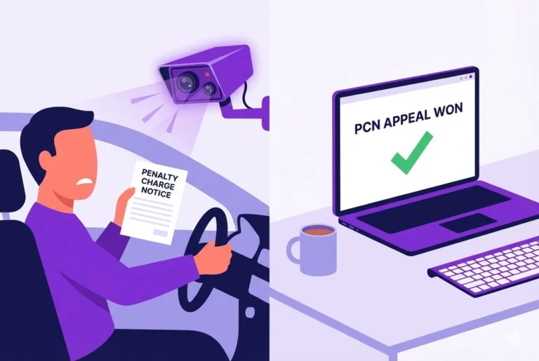 Vector illustration showing a frustrated driver receiving a Penalty Charge Notice from an ANPR camera, alongside a laptop displaying a successful ULEZ or Clean Air Zone fine appeal victory.