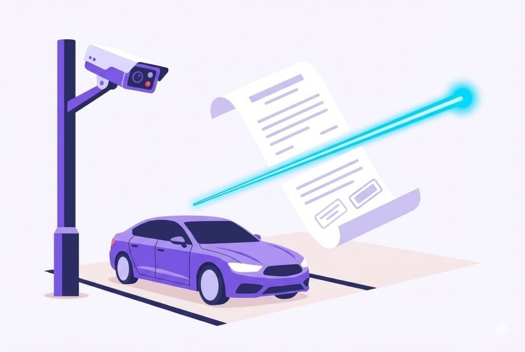 Vector illustration of an ANPR automated camera and a car, showing a giant parking ticket being sliced in half by a laser beam to symbolize successfully beating an ANPR parking fine.