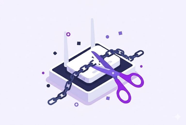 Illustration of scissors cutting a chain around a Wi-Fi router, representing how to cancel your broadband contract early without exit fees.