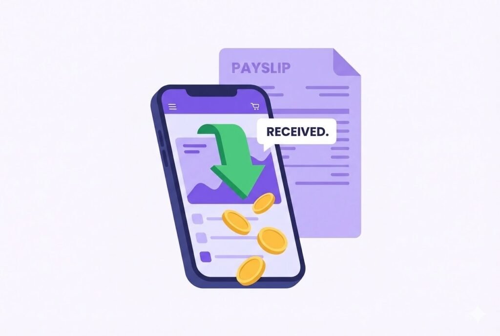 Illustration of a smartphone receiving an HMRC tax refund into a banking app, alongside a payslip used to check for the wrong tax code.