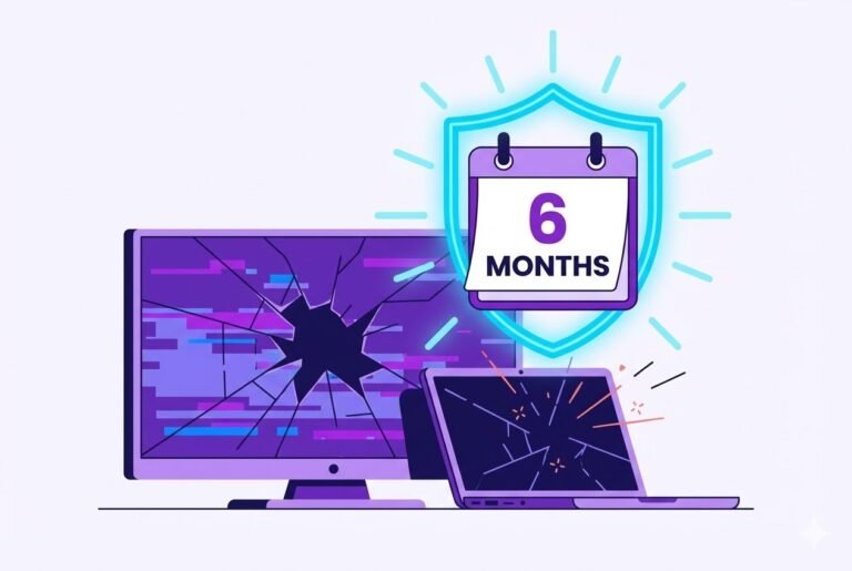 Illustration of a broken TV and cracked laptop protected by a 6-month calendar shield, representing the 6-month faulty goods refund loophole for UK consumers.