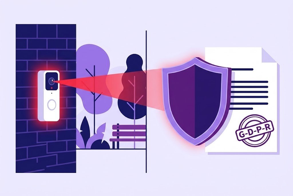Illustration of a legal shield and GDPR document blocking a neighbour's smart doorbell CCTV camera to protect privacy rights.