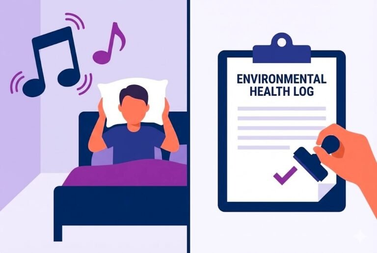 Vector illustration of a person covering their ears with a pillow to block loud music from noisy neighbours, paired with a stamped environmental health noise log used for council noise complaints.