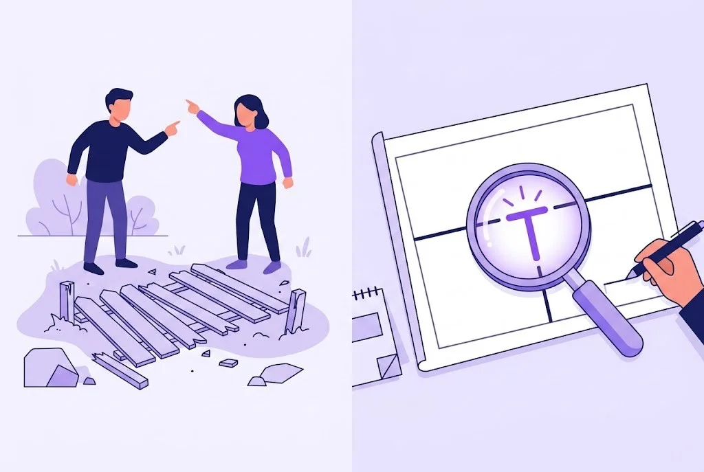 UK fence law illustration showing a neighbour boundary dispute over a collapsed fence and a property line blueprint highlighting a T-mark.