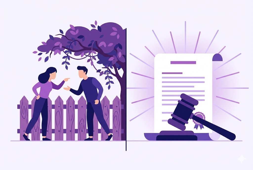 Abstract illustration of a UK neighbour dispute showing two people arguing over a boundary fence and overhanging tree, alongside a legal document and gavel representing legal rights and solutions.