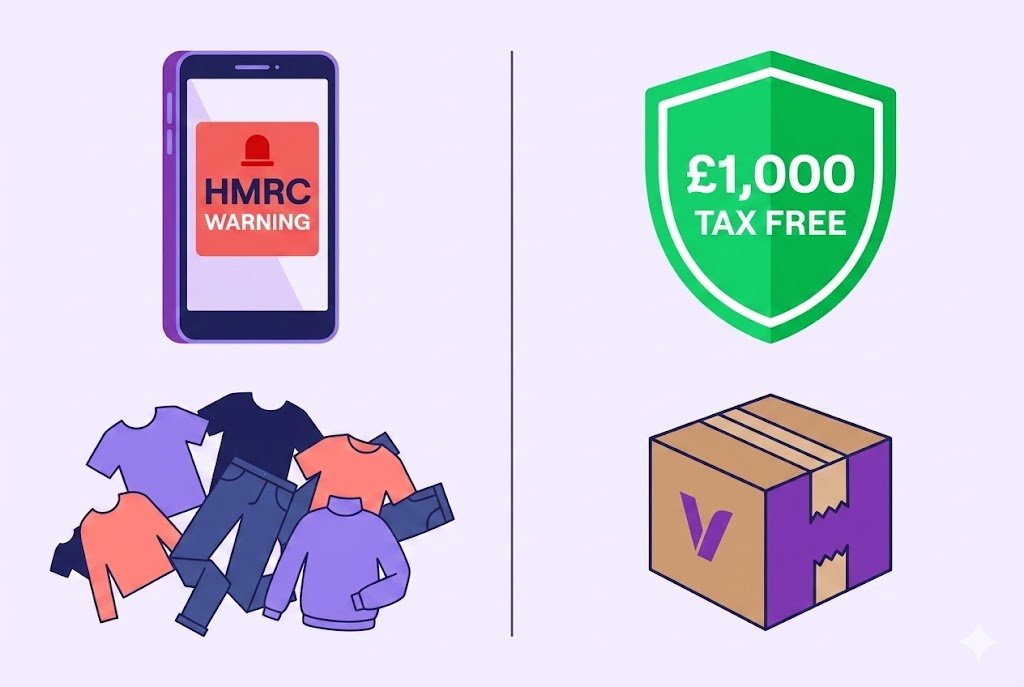 Illustration explaining the Vinted tax panic, showing a smartphone with an HMRC warning next to second-hand clothes, contrasted against a £1,000 tax-free shield and a purple shipping box.