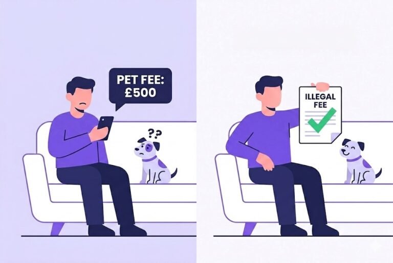 Split illustration showing a tenant with a dog receiving a £500 landlord pet fee demand on a smartphone, then holding a document proving the pet deposit is an illegal fee under 2026 renting rules.