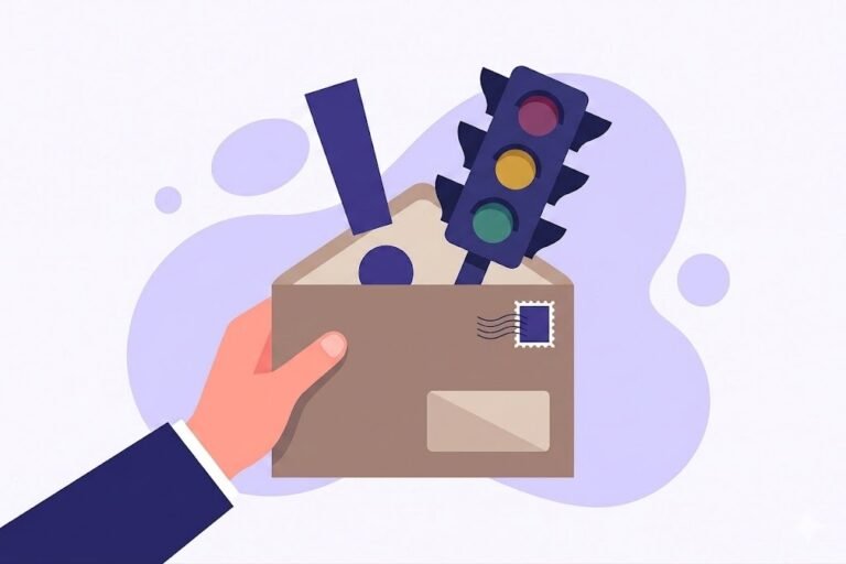 Flat vector illustration of a hand holding an open envelope containing a traffic light and red exclamation mark, representing a UK driving fine or penalty charge notice for a traffic ticket appeal.