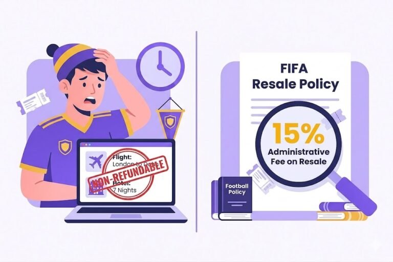 Illustration of a stressed football fan viewing non-refundable World Cup travel bookings on a laptop, alongside a FIFA resale policy document highlighting a 15% administrative fee for ticket refunds.