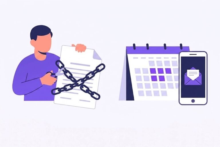 A flat vector illustration showing a tenant cutting a chain wrapped around a contract next to a calendar and smartphone, representing how to break a lease under new 2026 rules.